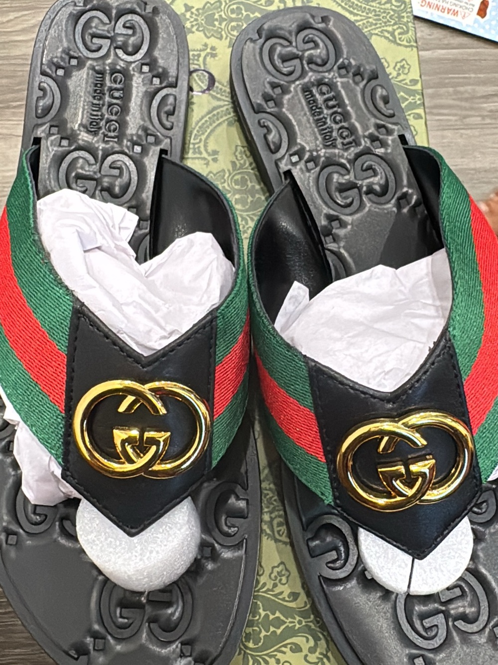 Gucci Green & Red Web Leather Thong Sandals with Gold GG